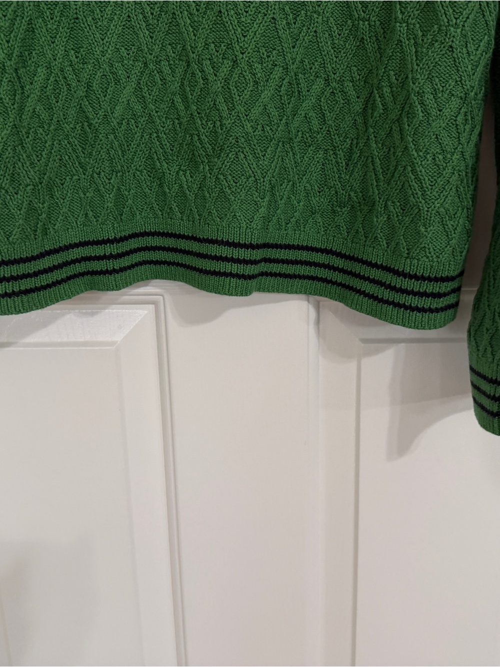 NWOT CAbi Lucky Day Pullover Kelly Green Cable Knit V-Neck Sweater w/ Black Trim - Picture 10 of 13